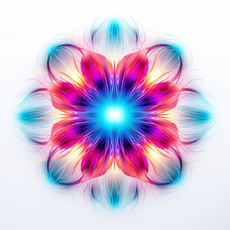psychedelic abstract flower element featuring a vibrant mix of bright blue, purple, orange, yellow, red, and green tones. this minimalistic and symmetrical design showcases opacity and translucency, created with intricate pen illustrations. light white and pink accents add a luminous touch to the 3d objects, while attention to detail brings out the texture of fur and feathers. ai generatedの素材