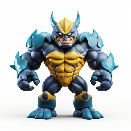 the marvel comics mini figurine of wolverine is a stunning statue, meticulously rendered in cinema4d. this unique piece showcases wolverine in a grotesque and larger-than-life style, reminiscent of colorful cartoons. with its gigantic scale, the statue stands out in dark cyan and navy hues, evoking a mecha anime aesthetic. the character's features are bulbous, adding to its distinctive appeal. ai generatedの素材