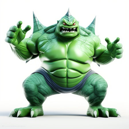 a 3d figure of hulkman, a character in the style of hybrid creature compositions, is depicted in this artwork. the vector design showcases photorealistic renderings with a humorous tone. the figure is portrayed with frogcore elements, featuring a vibrant green color. softbox lighting enhances the details, while the use of a konica big mini camera adds a unique touch to the composition. ai generatedの素材