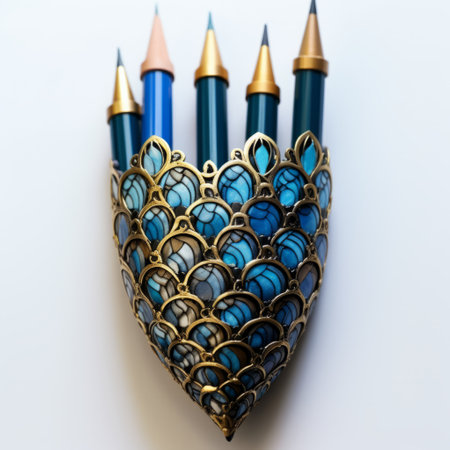the photo showcases a sleek and elegant pencil designed specifically for a dental office in chicago. this unique pencil incorporates the theme of travel, featuring a seamless pattern of seigaiha, a traditional japanese wave motif. the pencil's design is predominantly adorned with a captivating combination of blue and gold, exuding a sense of sophistication and style. ai generatedの素材