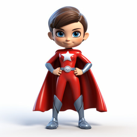 a 3d character with a cape stands up in a superhero costume. this standup 3d figure exudes childlike innocence and charm, with a light red and silver color scheme. the style is starpunk, with a strong emphasis on the facial expression. the character is lit up like a kid, creating a close-up intensity. a gemstone adds an extra touch of allure. ai generatedの素材