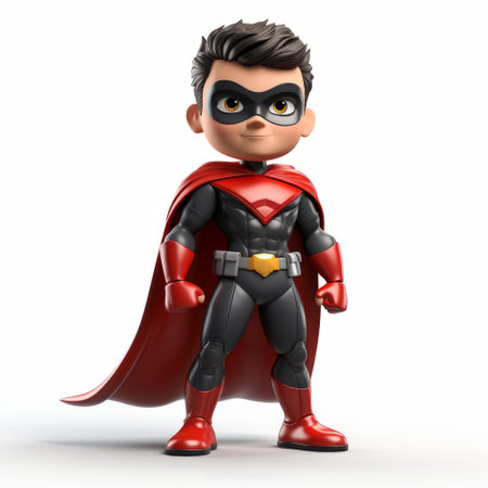 a 3d animation featuring a tv character transformed into a superhero. the character is depicted in the style of bill gekas and bartolome esteban murillo, wearing a red and black outfit reminiscent of dc comics. this charming character brings together the worlds of classic art and modern superheroes, creating a visually captivating experience. don't miss this unique fusion of styles!, ai generatedの素材