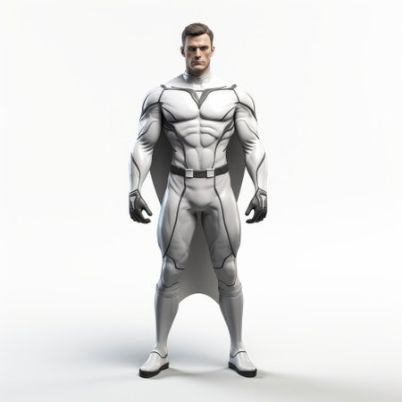 a 3d model of a superhero, depicted in a hyper-realistic representation, stands confidently on a white background. the monochromatic color scheme of light white and light silver enhances the technological design, giving it a sleek and modern look. this high-quality photo captures the essence of a graphic novel style, while also incorporating elements of cabincore. ai generatedの素材