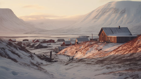 a small village nestled amidst majestic snow-capped mountains creates a breathtaking scene. the vray tracing technique enhances the beauty with a blend of light red and light gold hues. the atmospheric portraits capture the essence of this stunning landscape. detailed marine views and the charm of rural america evoke a sense of the danish golden age. ai generatedの素材