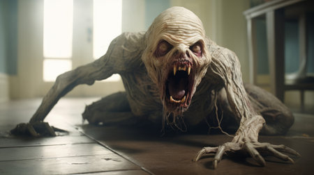 a captivating tabletop photograph showcasing a scene from the horror-themed video game "the wolf that got away." the image features sculpted forms of zombies in dark beige and white tones, set against a blown-off-roof perspective. with elements of smilecore and the realism of national geographic photography, this stunning image is brought to life using the unreal engine 5. ai generatedの素材