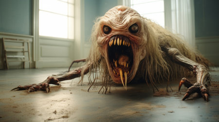 a dust-covered monster lies on the room's floor, captured with a tilt-shift lens to create a realistic and hyper-detailed rendering. the image showcases the zeiss milvus 25mm f/1.4 ze lens, known for its exceptional quality. the composition draws inspiration from artists like smilecore and patrick dougherty, resulting in a visually stunning and ultra-high-definition (uhd) photograph reminiscent of 17th-century aesthetics. ai generatedの素材