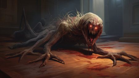 monsters and creatures are depicted on the ground, running in the style reminiscent of peter gric and necronomicon illustrations. this aggressive digital illustration by mark keathley features a dark beige and crimson color palette, showcasing tangled nests. perfect for 2d game art enthusiasts. ai generatedの素材