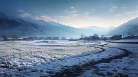 snow-covered field in the style of joong keun lee and tomasz alen kopera. this national geographic photo captures the serene beauty of rural china, bathed in soft light. the color palette features shades of light indigo and dark aquamarine, creating a captivating atmosphere. shot with the zeiss batis 18mm f2.8 lens. ai generatedの素材