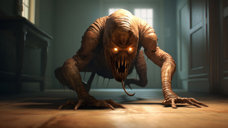 a supernatural creature, rendered in unreal engine, is crawling out on the floor. with a light yellow and bronze color palette, it appears as a mist-like entity. the caricature-like illustrations give it an eerie yet realistic vibe. this creation showcases the power of unreal engine and the intel core processor in bringing supernatural creatures to life. ai generatedの素材