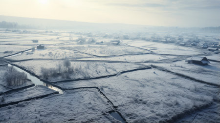 the countryside is blanketed in snow, showcasing hazy landscapes and rectangular fields. this national geographic photo captures the essence of traditional british landscapes with a tilt-shift effect. the image evokes the concept of the anthropocene, while the light cyan and light black tones add a serene and ethereal touch. ai generatedの素材