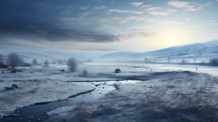 frozen landscapes: a stunning collection of free hd wallpapers capturing serene pastoral scenes in the style of vray. these traditional british landscapes showcase atmospheric light and shadow, creating a mesmerizing visual experience. shot on 70mm and rendered in cinema4d, these uhd images offer a captivating glimpse into the beauty of frozen landscapes. ai generatedの素材