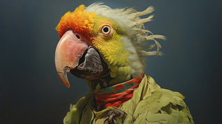 a studio portrait of an emotionally charged tropical bird with frayed feathers, painted in the style of zbrush. this inventive character design showcases intricate details and vibrant colors, capturing the essence of pigeoncore. the high-resolution 8k image brings out the fine textures and intricate brushwork, making it a captivating piece of art. ai generatedの素材
