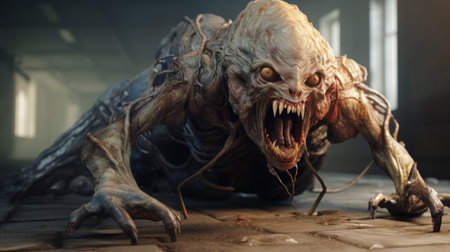 a creature, rendered in unreal engine, is depicted in a room alongside a splatter monster. the creature's dynamic and exaggerated facial expressions, along with its realistic detailing, showcase the impressive capabilities of intel core. made of wire, the creature's hyper-detailed illustrations feature a dark beige and navy color scheme, adding depth and intrigue to the overall composition. ai generatedの素材