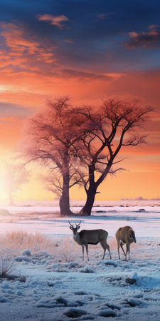 two deer gracefully stand in the snow-covered open field as the sun sets, creating a mesmerizing scene. the high-definition image showcases a stunning color palette, with light crimson and dark aquamarine hues dominating the ethereal trees. the vibrant color gradients, including light bronze and orange, add a touch of enchantment to this digitally manipulated photograph. the overall effect is reminiscent of romantic riverscapes, presented inの素材