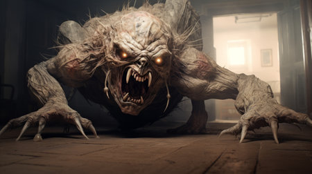 a photo of horror video games at tycoon 5, featuring realistic and hyper-detailed renderings. captured with the tamron 24mm f/2.8 di iii osd m12 lens, the image showcases a combination of light bronze and white tones. the games emphasize emotion over realism, with hybrid creature compositions and weathered materials. the photo also highlights the games' gigantic scale. ai generatedの素材