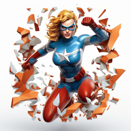 captain america soars through the skies at the world championships, depicted in a hyper-detailed and realistic style. this womancore-inspired artwork showcases a playful character design, surrounded by rusty debris. the vibrant color blocks add a dynamic touch to the highly realistic and sculpted portrayal of the iconic superhero. ai generatedの素材