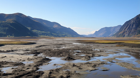 mountain landscape covered in muddy terrain, resembling the scenic beauty of scottish landscapes. captured with the carl zeiss distagon t 15mm f/2.8 ze lens, this photograph showcases romantic riverscapes and a sparse color palette. the whistlerian influence is evident in this coastal scenery, presented in stunning 32k uhd resolution. ai generatedの素材