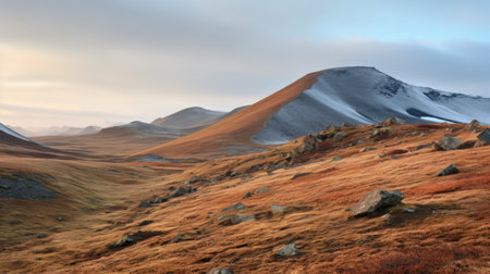 the photo captures a scenic landscape reminiscent of scottish scenery, with vast stretches of brown grass. the colors of the image include light red, orange, dark cyan, and hints of orange. the overall tone is a combination of light gray and light bronze, creating a whistlerian atmosphere. this photograph showcases the influence of the new topographics movement. shot with a topcor 58mm f14 lens. aiの素材