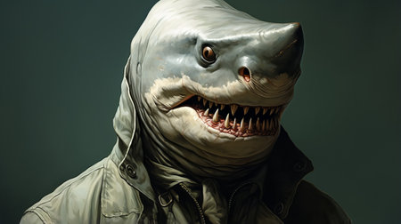 a hyper-realistic portrait of a shark against a cyan and beige background. this detailed character design captures the gritty horror comics style, with a touch of sci-fi art. the precisionist art technique brings out the intricate details of the shark's features, while the figura serpentinata adds a dynamic and captivating element to the composition. ai generatedの素材