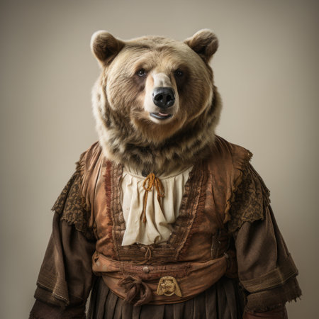 a woman wearing a medieval-style dress gazes into the distance, accompanied by a wrinkly brown bear head. this photograph captures the essence of detailed portraitures, showcasing a realistic animal portrait and an elaborate costume. the image evokes a sense of cultural mash-up, reminiscent of national geographic photos and the anthropomorphic animals depicted in the works of louis. ai generatedの素材