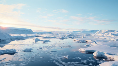 a stunning photograph capturing a vast expanse of icy water illuminated by the radiant sun. the image showcases the artistic style of terragen, with its soft atmospheric perspective and sculpted appearance. the flat chromatic fields add depth to the photorealistic accuracy, while the bold chromaticity enhances the beauty of the dutch marine scenes. ai generatedの素材