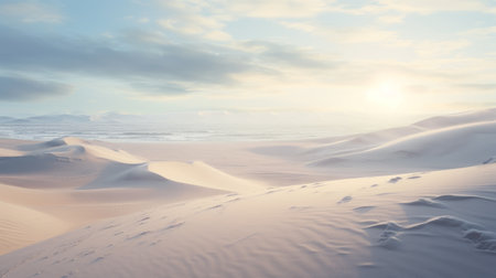 the photo showcases a breathtaking view of the dunes at sunrise, capturing the photorealistic details in a palette of light beige and light azure. this uhd image beautifully portrays the highly detailed environments, reminiscent of the works of even mehl amundsen. the atmospheric scenes and vibrant airy scenes create a mesmerizing visual experience. ai generatedの素材