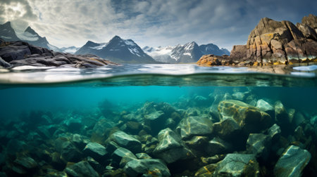 a breathtaking photo captures a serene blue ocean nestled between majestic mountains adorned with rocks. reminiscent of sven nordqvist's style, this national geographic image by michael komarck showcases a marine biology-inspired scene. with a sensitivity to the natural world, the photo emphasizes atmospheric effects and was captured using a wide-angle lens. ai generatedの素材