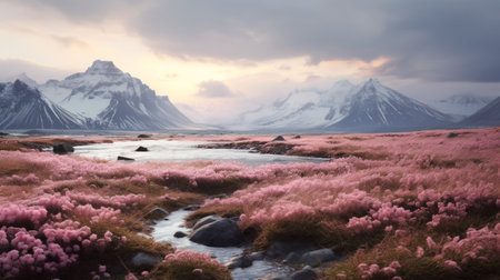 a misty landscape in iceland's pssdalt valley, featuring a whimsical blend of pink and aquamarine hues. this delicately rendered scene by caras ionut showcases the artist's talent for creating enchanting floral scenes. the dark pink and silver tones add a touch of mystery, while the warm color palette brings a sense of tranquility. rendered using unreal engine, this image captures the ethereal beauty of nature.の素材