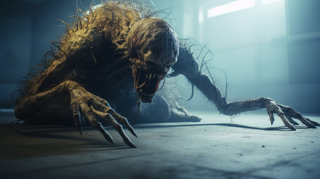 a haunting artwork featuring primordial creatures in a chilling building, created in the style of unreal engine 5. the wire sculptures of the dead evoke a sense of eerie emotion, with their light navy and yellow hues. the artist's focus on hyperrealistic marine life and atmospheric details adds to the overall hyper-realistic ambiance of the piece. ai generatedの素材