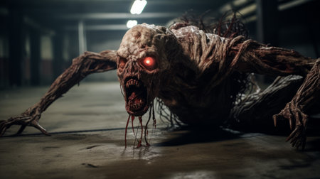 a deformed monster in a spaceship lands on underground ground in this photorealistic image rendered by osnabryk. created in the style of unreal engine 5, the artwork by marcin sobas showcases a unique blend of zombiecore and tabletop photography. the monster, made of wire, is depicted in light white and dark red hues, adding to its eerie appearance. ai generatedの素材
