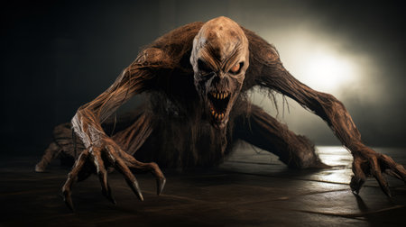 a menacing monster emerges from the depths of darkness in this captivating photograph. rendered in the style of unreal engine, the tabletop photography captures the essence of david finch's artistic vision. the monster's presence is enhanced by the use of natural fibers, adding a touch of authenticity to the scene. sudersan pattnaik's influence is evident in the intricate details of the monster's full body. thisの素材