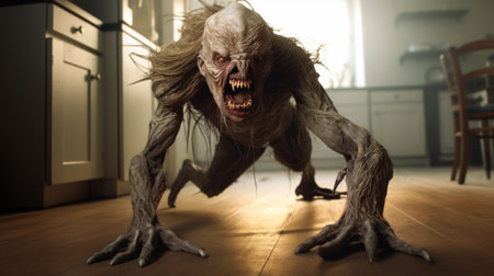 horror movie creature chasing home plate in hyper-detailed and realistic renderings, captured with the tamron sp 70-200mm f/2.8 di vc usd g2 lens. this tabletop photograph showcases the intricate craftsmanship of bruno walpoth's natural fiber creation. the scene evokes a sense of fear and suspense, reminiscent of the iconic horror movie genre. ai generatedの素材