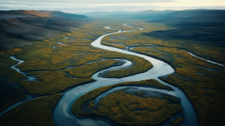 an aerial photograph of the arctic sea in iceland captures the serene pastoral scenes of the sublime wilderness. the photo, taken with a zeiss batis 18mm f2.8 lens, showcases the organic flowing lines reminiscent of the art nouveau style. the dark teal and yellow hues add a touch of whistlerian beauty to the flowing forms of the landscape. ai generatedの素材