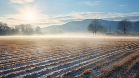 a foggy field at sunrise, captured in the style of snow scenes, showcases the beauty of nature. the image, taken with a sigma 105mm f14 dg hsm art lens, evokes the essence of the hudson river school. this uhd image portrays rural life scenes, with trees in the distance and a sky painted in shades of blue and gold, creating a mesmerizing visual with layeredの素材