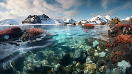 an arctic ice shelf in the sea is depicted in this 3d animation. inspired by jessica rossier's style, it showcases naturalistic depictions of flora and fauna. the color palette includes light red and turquoise, reminiscent of zena holloway's work. the use of a fish-eye lens adds a unique perspective, while the overall aesthetic remains true to a naturalist approach, with saturated pigment pools. ai generatedの素材
