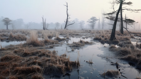 trees in a swamp at sunrise, captured in a foggy ambiance. this uhd image, inspired by the style of toyo ito, showcases desolate landscapes. the photograph, taken by leszek bujnowski, evokes the artistic influences of pierre huyghe. a national geographic photo, it presents a romanticized depiction of wilderness. ai generatedの素材