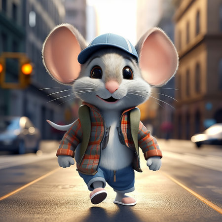 a man-sized mouse, wearing a jacket and a baseball cap, stands on a street. rendered in cinema4d, this cute and colorful character is light white and gray. with rtx technology, the image showcases animal motifs and includes references to celebrity and pop culture. it evokes a sense of childlike wonder. ai generatedの素材