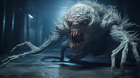 a chibi monster, resembling a hybrid creature composition, is captured in a cellar, walking on the ground. this hyper-realistic sci-fi photo, rendered in unreal engine, showcases layered fibers and emphasizes emotion over realism. the image, reminiscent of national geographic style, also features hyperrealistic marine life. ai generatedの素材