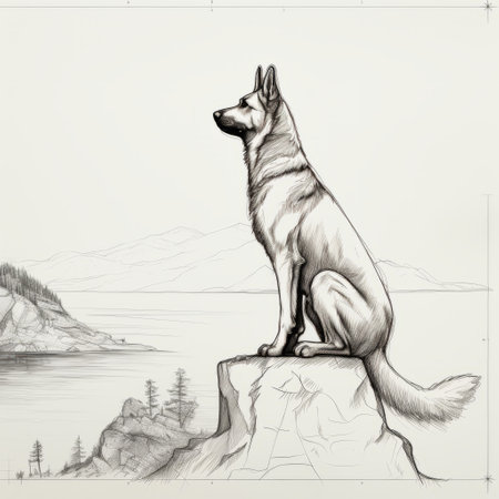a detailed drawing of a spitz wolf, inspired by the style of hajime sorayama and the vancouver school, is depicted sitting on a rock near a serene lake. the artwork showcases intricate linework and incorporates noah bradley's reduction of canine anatomy. the isolated landscape setting adds to the overall impact of this large-scale mural. ai generatedの素材