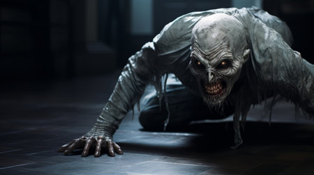 a creepy crouching figure lurks in the darkness, captured in a photorealistic rendering. this eerie image showcases the unique style of smilecore, known for its realistic and hyper-detailed renderings. created by the talented artist aquirax uno, this lifelike depiction was captured using the sony fe 12-24mm f/2.8 gm lens. perfect for fans of zombiecore aesthetics. ai generatedの素材
