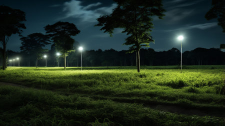 green grass growing on the ground in the style of night photography, reminiscent of makoto shinkai and zhang kechun's work. the image captures the harsh lighting and showcases the beauty of the southern countryside. this uhd image is a stunning example of environmental portraiture. ai generatedの素材