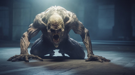 shivere demon in the dark, a captivating national geographic photo, showcases a dynamic pose and is rendered in the style of unreal engine. this uhd image beautifully combines light yellow and light indigo tones, creating a mesmerizing atmosphere. with its grid-based composition, this photo emphasizes emotion over realism, making it a truly striking visual experience. ai generatedの素材