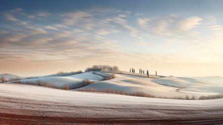 snow-covered hills in tuscany create a serene winter scene, captured beautifully in the style of light maroon and light cyan. the pastoral landscapes exude tranquility, with shades of light white and sky-blue adding to the peaceful ambiance. the samyang af 14mm f2.8 rf lens and the carl zeiss distagon t 15mm f2.8 ze lens enhance the textural richness of this captivating image. ai generatedの素材
