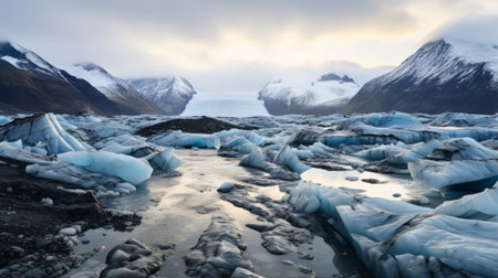 glaciers forming on the beach create an eerie landscape in this national geographic photo. the high dynamic range captures the contrasting colors of light blue and bronze, while the wide angle lens showcases the vastness of the scene. soft light enhances the tranquil atmosphere, with tones of light cyan and dark amber adding to the captivating composition. ai generatedの素材