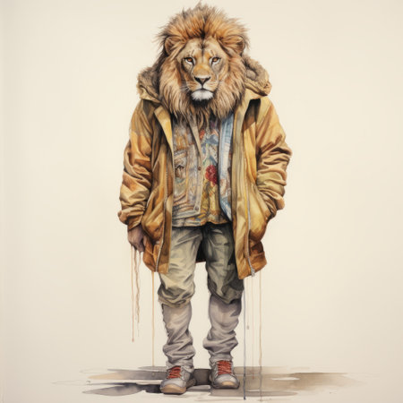 a man dressed as a lion stands next to an oil painting, showcasing street style realism and watercolor illustrations. the painting exhibits realistic and hyper-detailed renderings, reminiscent of the works by young british artists (ybas). the scene captures the essence of detailed hunting scenes, with a touch of angura kei influence, highlighted by stains and washes. ai generatedの素材