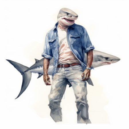 a young man wearing an apron stands next to a shark in this surrealistic horror-themed photo. the style resembles that of a realistic portrait painter, with elements of transparency and opacity. the watercolor effect adds to the chilling atmosphere, while the detailed costumes evoke the spirit of the blue rider movement. the presence of the shark creates a sense of intrigue and danger. ai generatedの素材