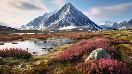a digital art piece captures the essence of nature with its realistic rendering of mountains in vibrant red and magenta hues. created in the style of unreal engine, this landscape artwork by even mehl amundsen showcases the beauty of dutch landscapes. the use of the tokina at-x 11-16mm f2.8 pro dx ii lens by dmitry spiros adds depth and detail to the stunning mountain scenery.の素材