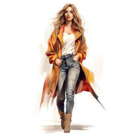 young girl walking in autumn wearing a fashionable winter outfit. this artgerm-style illustration captures the essence of the season with its high dynamic range and vibrant orange and beige tones. the colorful washes and loose, fluid style create a visually captivating image. created by paul hedley, this illustration showcases multi-layered compositions. ai generatedの素材