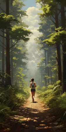 a person walks through the woods in this digital painting, inspired by the styles of emilia wilk and makoto shinkai. the fictional landscape is brought to life with vibrant green and bronze colors, resembling action paintings. the energy-filled illustration captures the beauty and tranquility of nature. ai generatedの素材