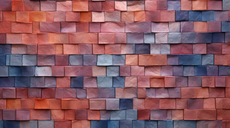 a vibrant brick wall featuring a combination of red, pink, and blue hues is adorned with plastic squares. the design showcases realistic and naturalistic textures, colorful woodcarvings, and a mix of light orange and dark gray tones. the folded planes add depth to the overall composition, while the use of paper and ceramic elements enhances the earthy naturalism of the artwork. ai generatedの素材
